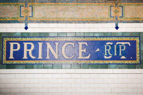 The mural of the downtown Prince Streen N R Subway stop was tranformed into a memorial to Prince on the day of his death.